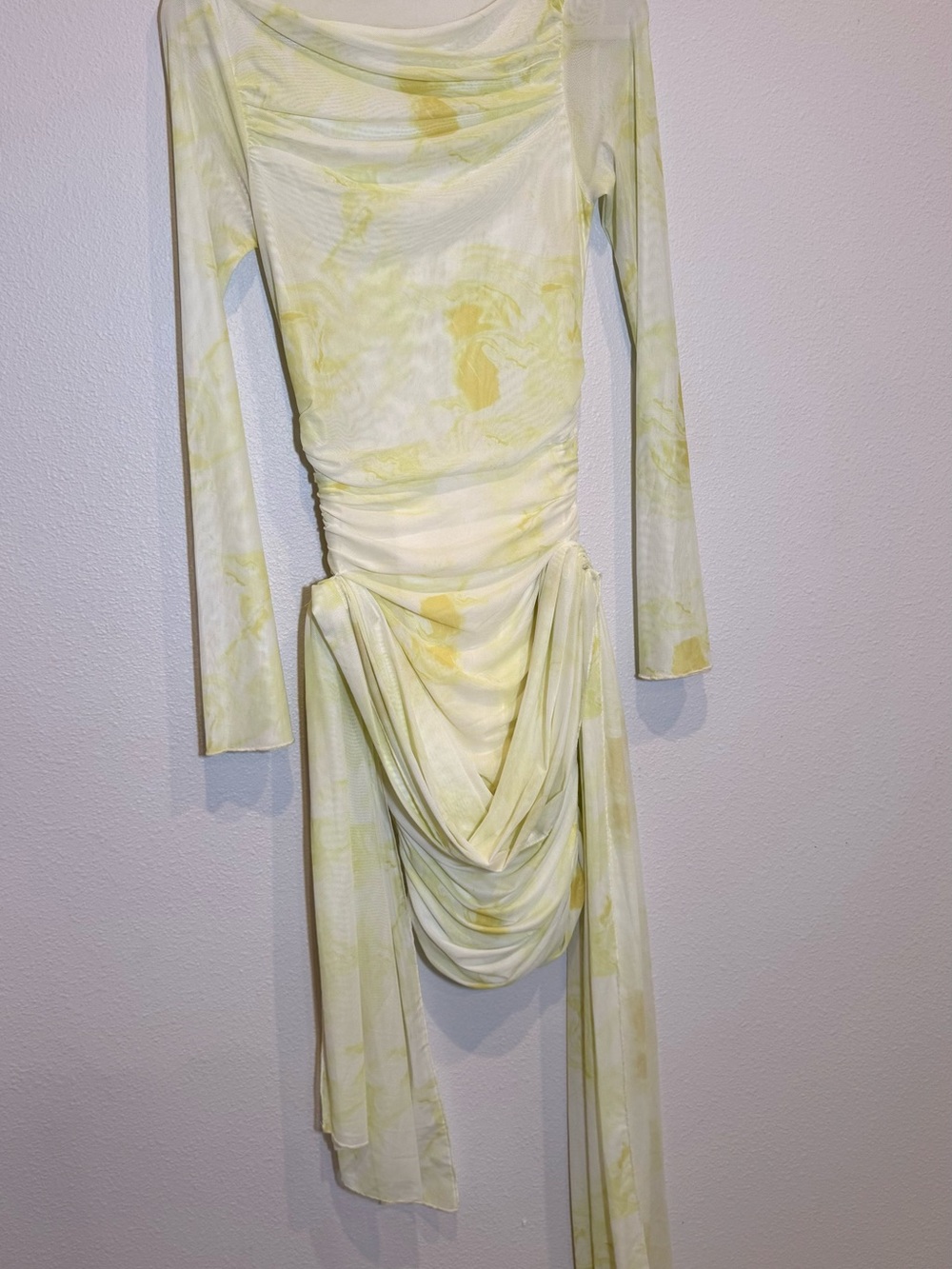 Women's Yellow Tie-Dye Draped Long-Sleeve Dress